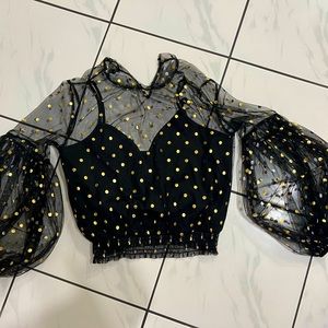 Black mesh and sparkle long sleeve crop top